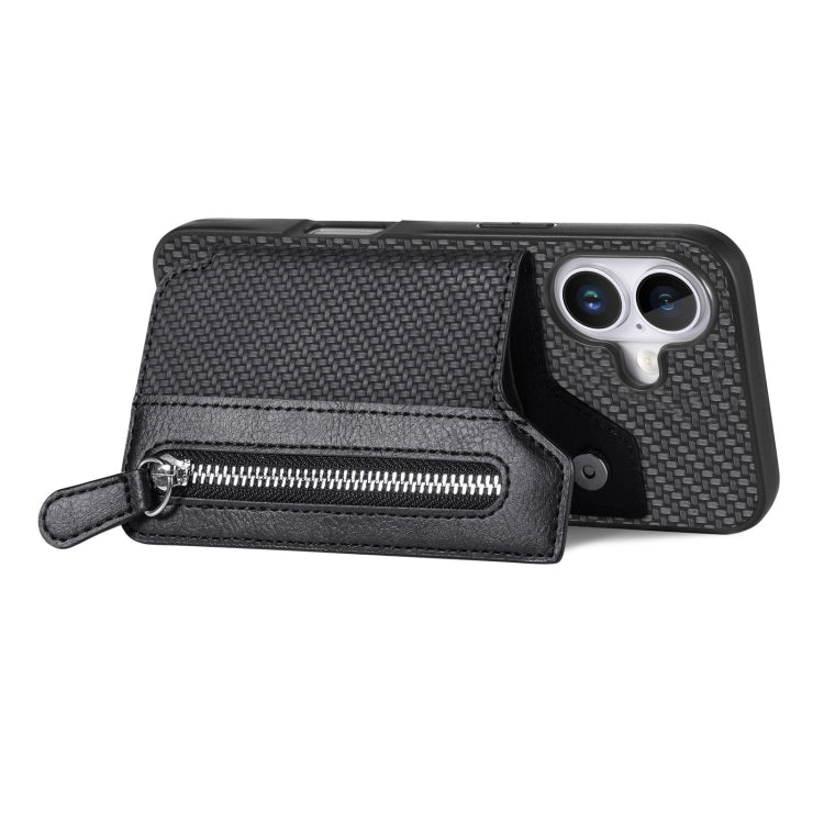 For iPhone 16 Plus Carbon Fiber Horizontal Flip Zipper Wallet Phone Case