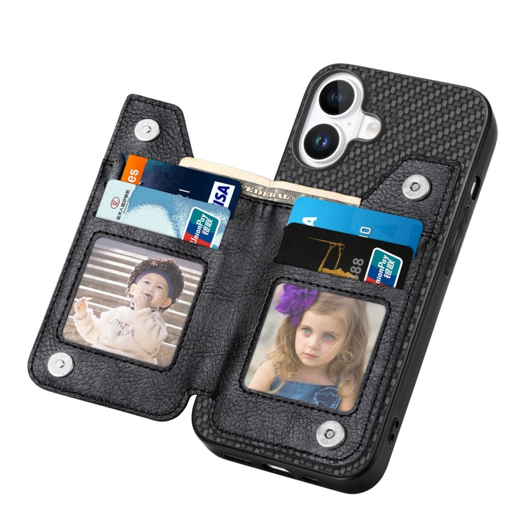 For iPhone 16 Plus Carbon Fiber Horizontal Flip Zipper Wallet Phone Case
