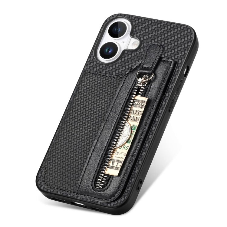 For iPhone 16 Plus Carbon Fiber Horizontal Flip Zipper Wallet Phone Case
