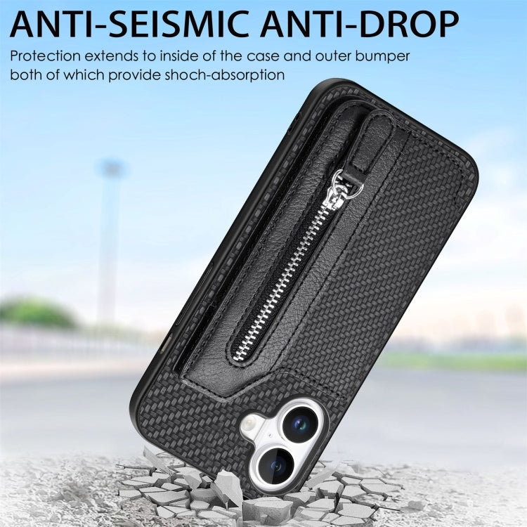 For iPhone 16 Plus Carbon Fiber Horizontal Flip Zipper Wallet Phone Case