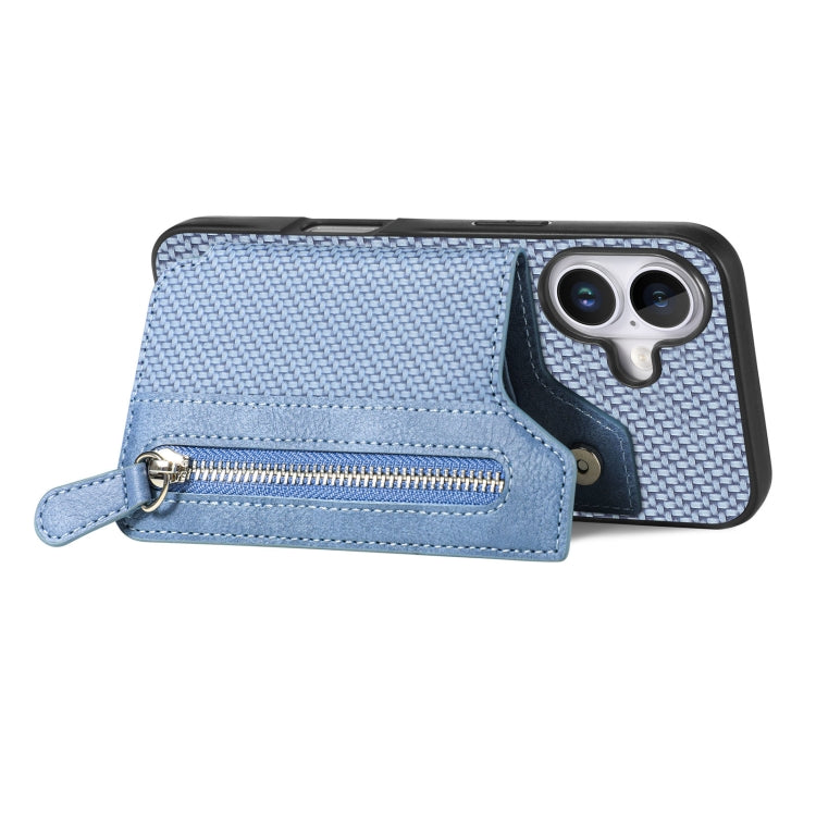 For iPhone 16 Plus Carbon Fiber Horizontal Flip Zipper Wallet Phone Case