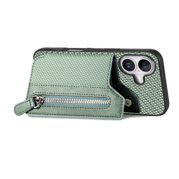 For iPhone 16 Plus Carbon Fiber Horizontal Flip Zipper Wallet Phone Case