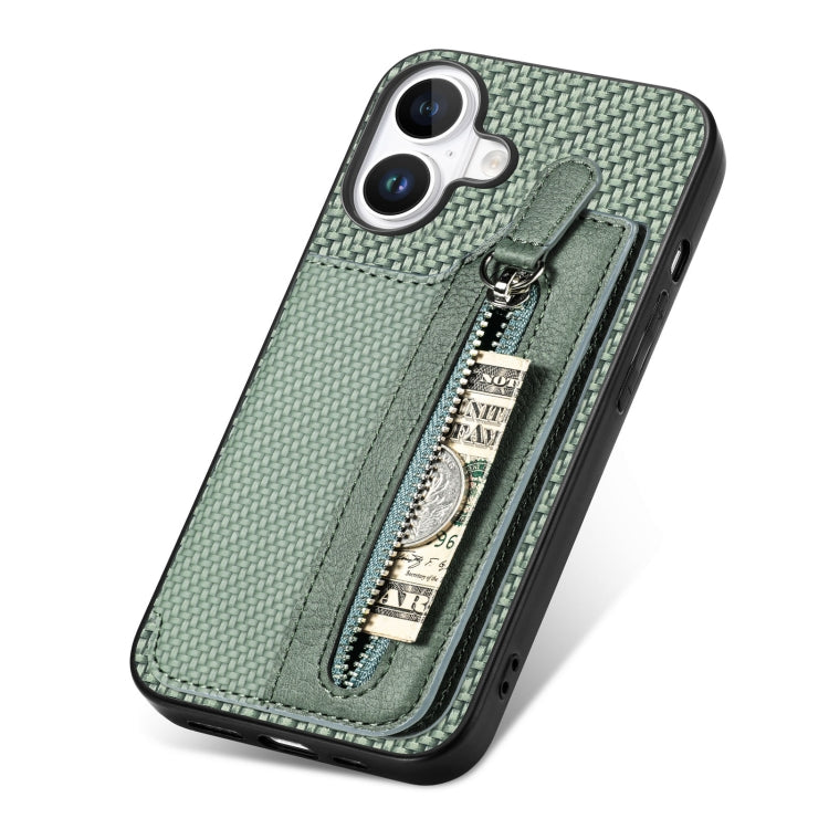 For iPhone 16 Plus Carbon Fiber Horizontal Flip Zipper Wallet Phone Case