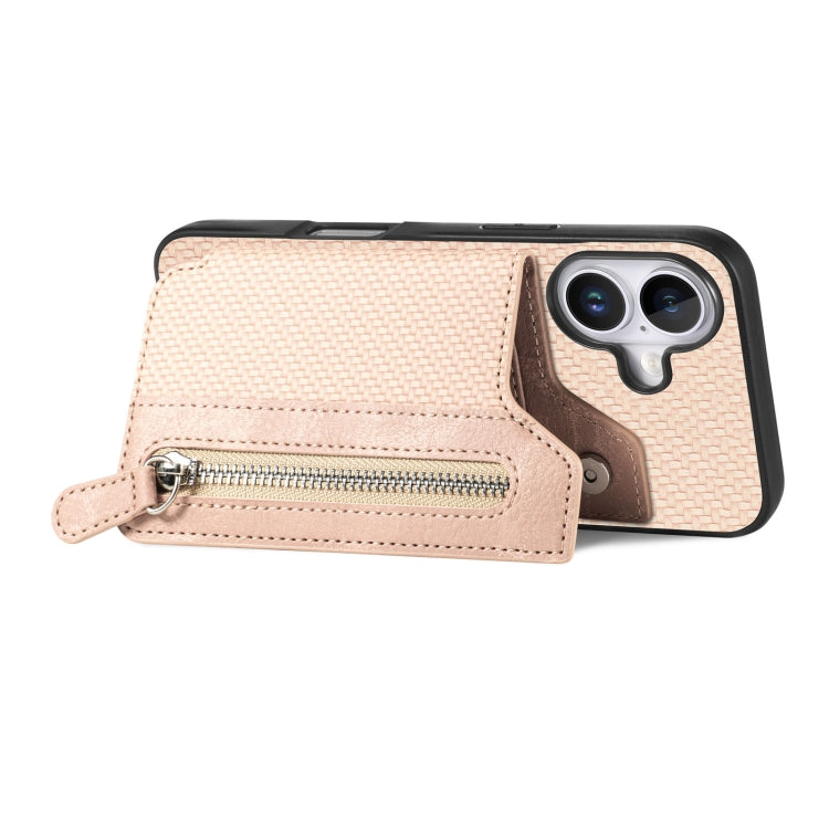 For iPhone 16 Plus Carbon Fiber Horizontal Flip Zipper Wallet Phone Case