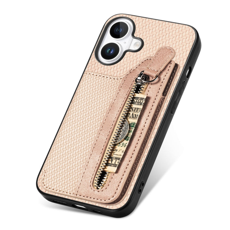 For iPhone 16 Plus Carbon Fiber Horizontal Flip Zipper Wallet Phone Case