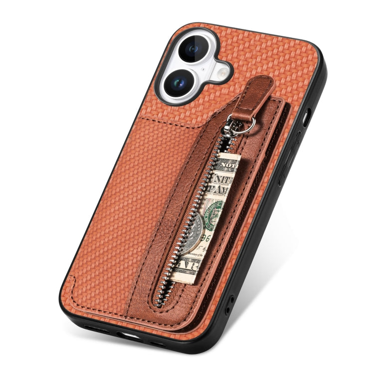 For iPhone 16 Plus Carbon Fiber Horizontal Flip Zipper Wallet Phone Case