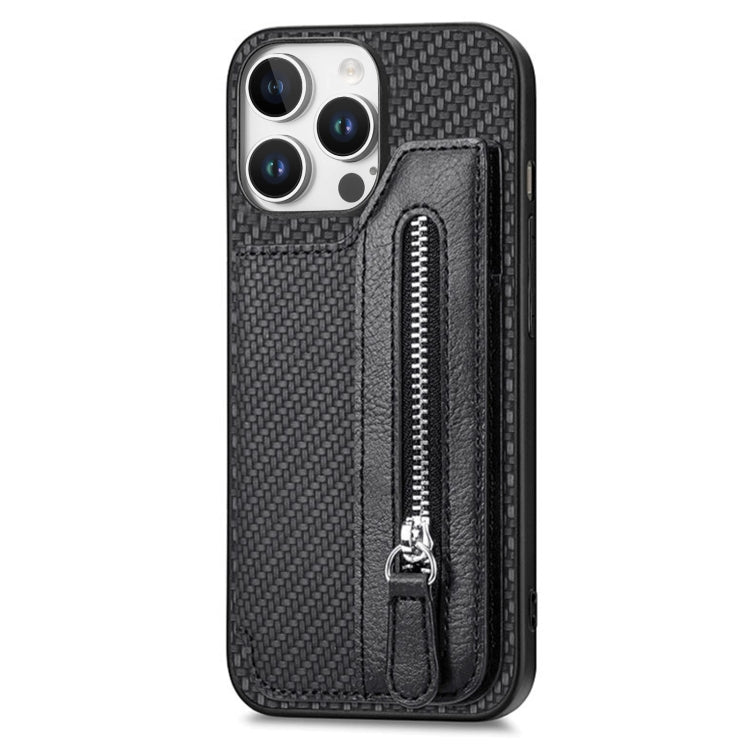 For iPhone 16 Pro Carbon Fiber Horizontal Flip Zipper Wallet Phone Case