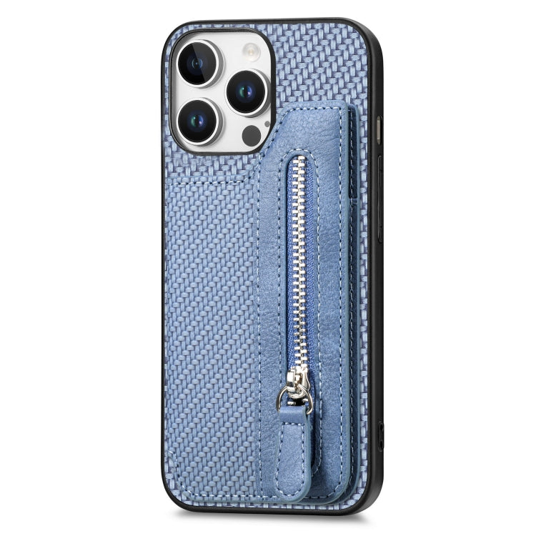 For iPhone 16 Pro Carbon Fiber Horizontal Flip Zipper Wallet Phone Case