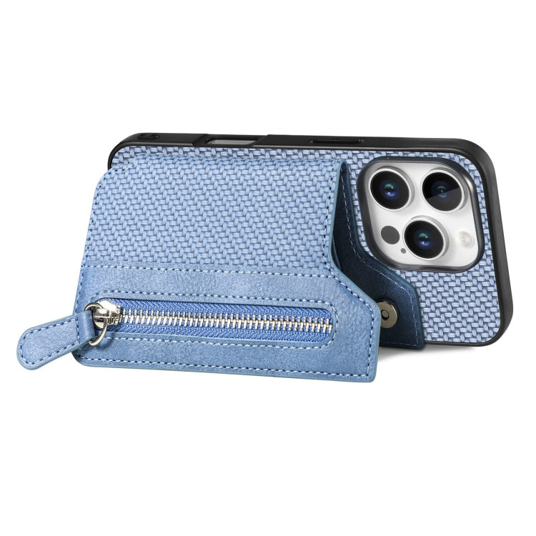 For iPhone 16 Pro Carbon Fiber Horizontal Flip Zipper Wallet Phone Case