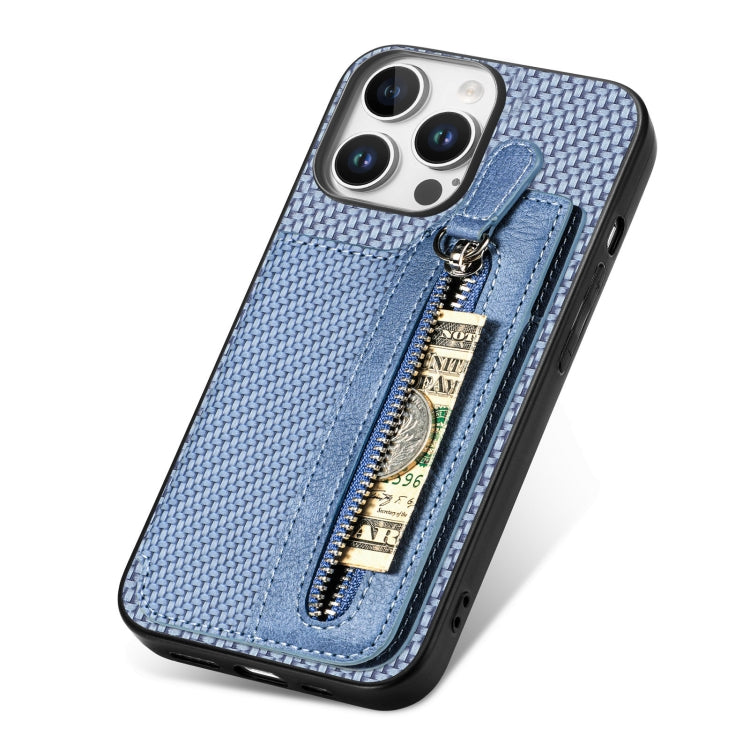 For iPhone 16 Pro Carbon Fiber Horizontal Flip Zipper Wallet Phone Case