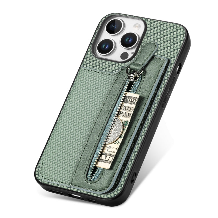 For iPhone 16 Pro Carbon Fiber Horizontal Flip Zipper Wallet Phone Case