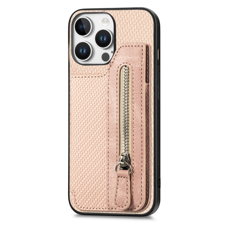 For iPhone 16 Pro Carbon Fiber Horizontal Flip Zipper Wallet Phone Case