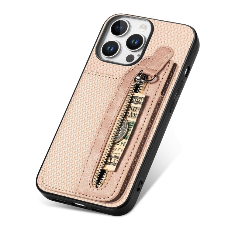 For iPhone 16 Pro Carbon Fiber Horizontal Flip Zipper Wallet Phone Case