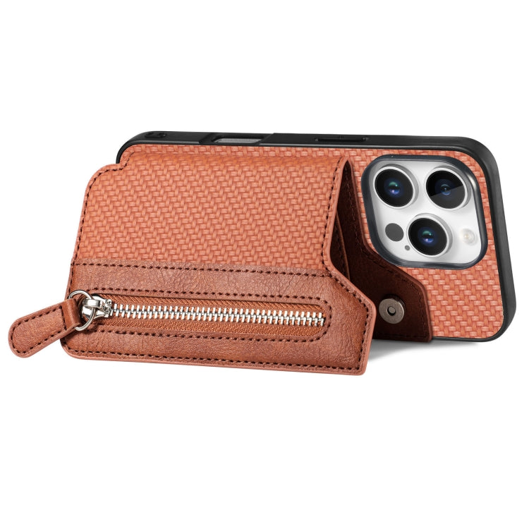 For iPhone 16 Pro Carbon Fiber Horizontal Flip Zipper Wallet Phone Case