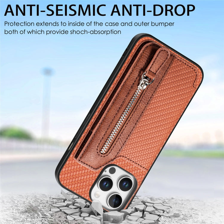 For iPhone 16 Pro Carbon Fiber Horizontal Flip Zipper Wallet Phone Case