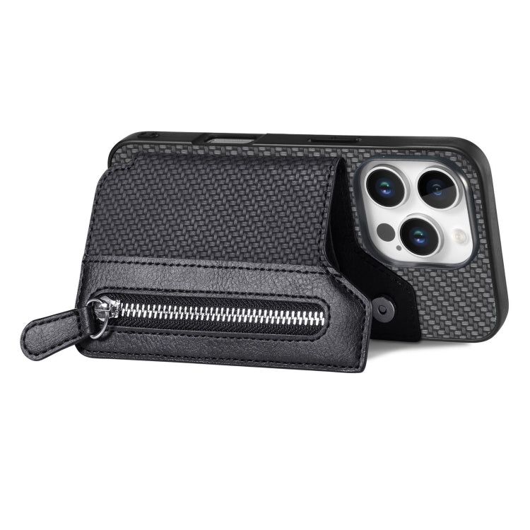 For iPhone 16 Pro Max Carbon Fiber Horizontal Flip Zipper Wallet Phone Case