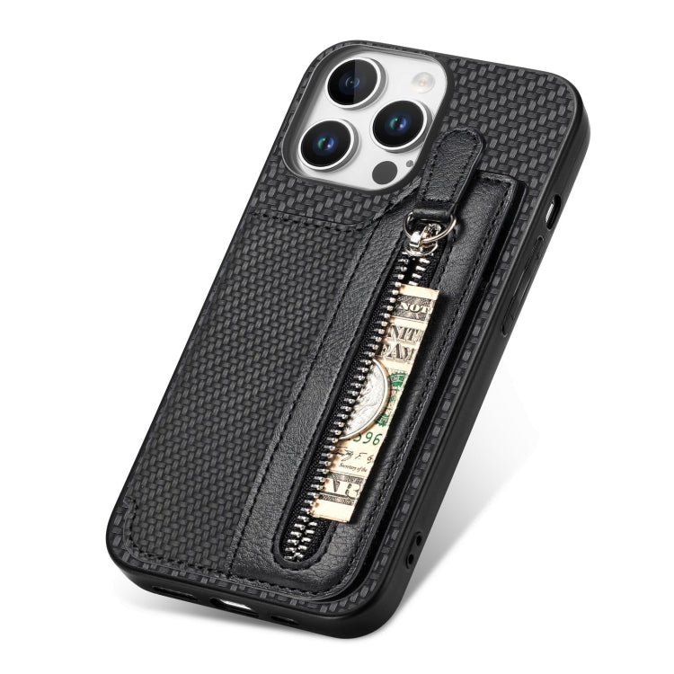 For iPhone 16 Pro Max Carbon Fiber Horizontal Flip Zipper Wallet Phone Case
