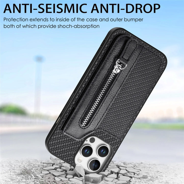 For iPhone 16 Pro Max Carbon Fiber Horizontal Flip Zipper Wallet Phone Case