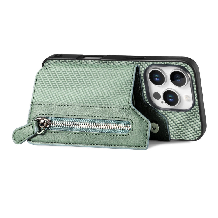 For iPhone 16 Pro Max Carbon Fiber Horizontal Flip Zipper Wallet Phone Case