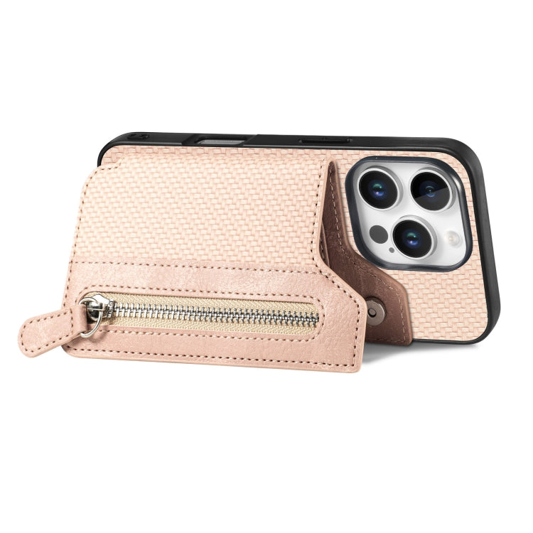 For iPhone 16 Pro Max Carbon Fiber Horizontal Flip Zipper Wallet Phone Case