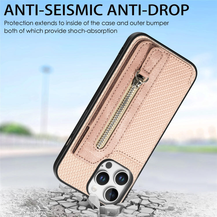 For iPhone 16 Pro Max Carbon Fiber Horizontal Flip Zipper Wallet Phone Case