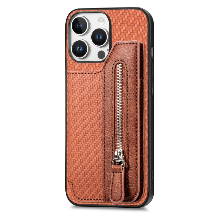 For iPhone 16 Pro Max Carbon Fiber Horizontal Flip Zipper Wallet Phone Case