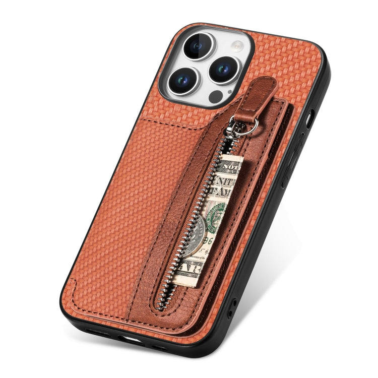 For iPhone 16 Pro Max Carbon Fiber Horizontal Flip Zipper Wallet Phone Case