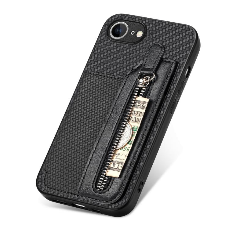 For iPhone 17e / 16e Carbon Fiber Horizontal Flip Zipper Wallet Phone Case