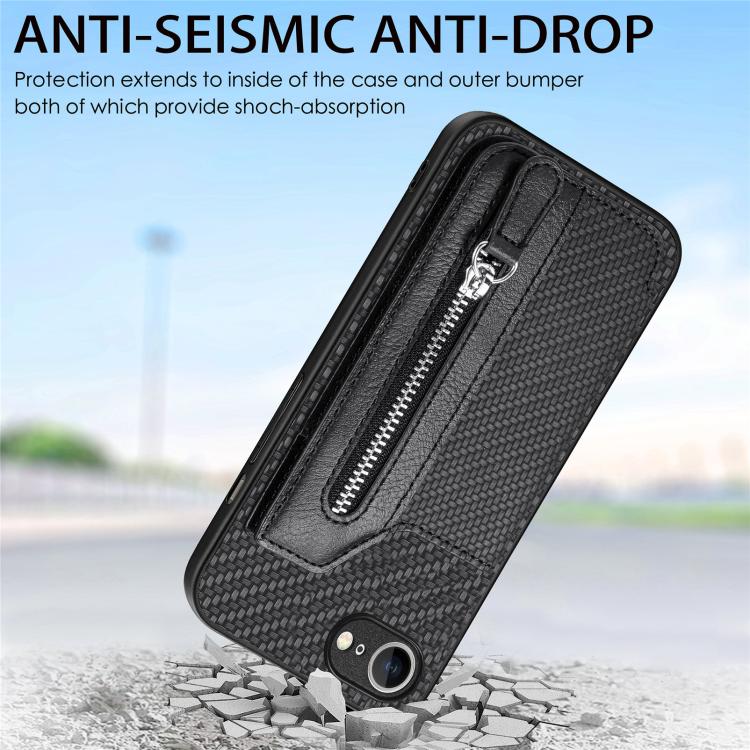 For iPhone 17e / 16e Carbon Fiber Horizontal Flip Zipper Wallet Phone Case