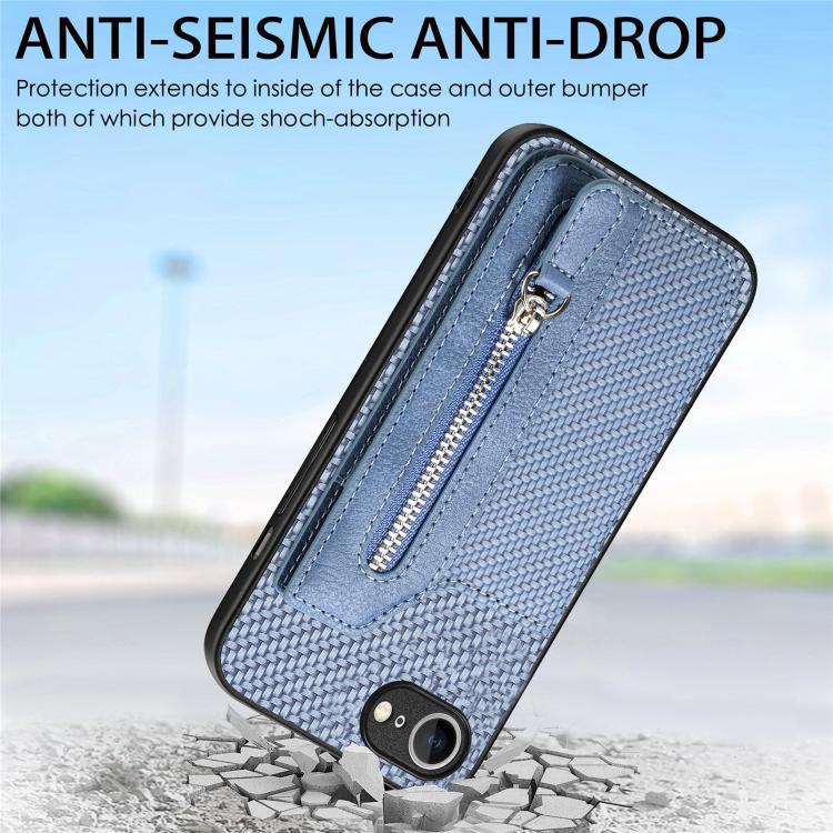 For iPhone 17e / 16e Carbon Fiber Horizontal Flip Zipper Wallet Phone Case