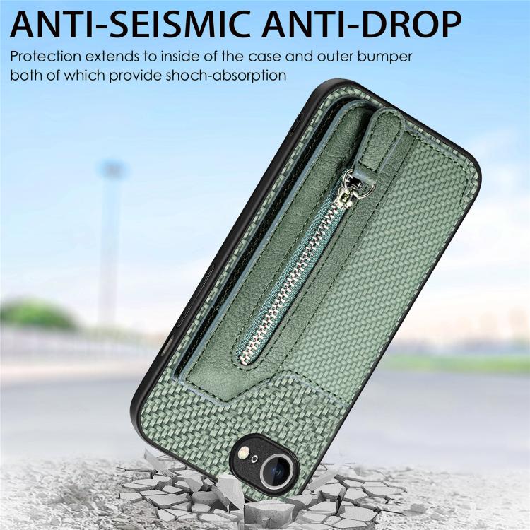 For iPhone 17e / 16e Carbon Fiber Horizontal Flip Zipper Wallet Phone Case