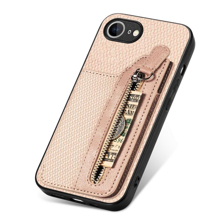 For iPhone 17e / 16e Carbon Fiber Horizontal Flip Zipper Wallet Phone Case