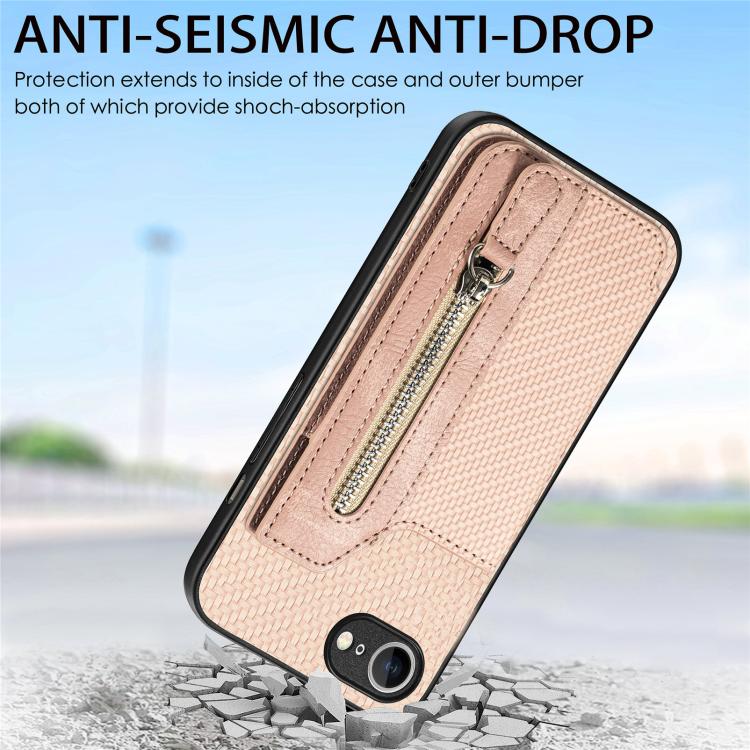 For iPhone 17e / 16e Carbon Fiber Horizontal Flip Zipper Wallet Phone Case