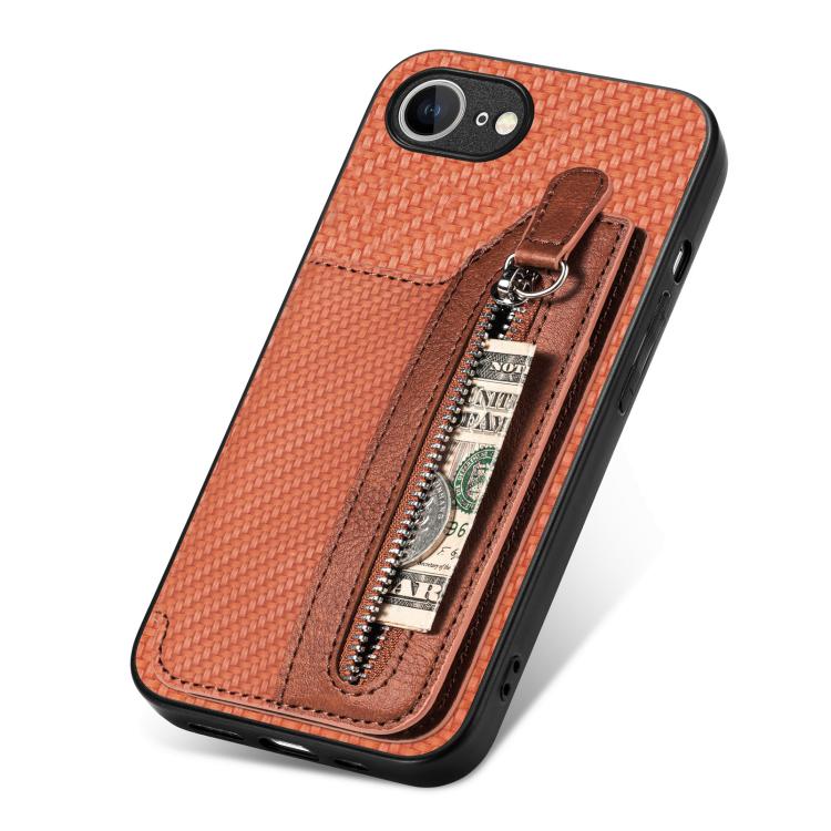 For iPhone 17e / 16e Carbon Fiber Horizontal Flip Zipper Wallet Phone Case