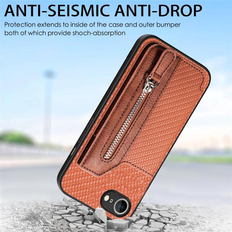 For iPhone 17e / 16e Carbon Fiber Horizontal Flip Zipper Wallet Phone Case