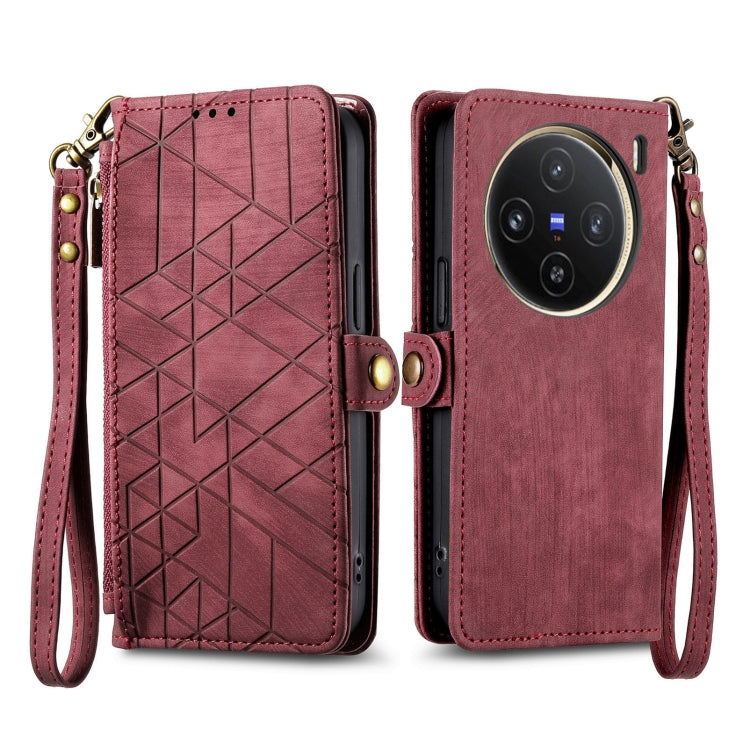 For vivo X100 Geometric Zipper Wallet Side Buckle Leather Phone Case