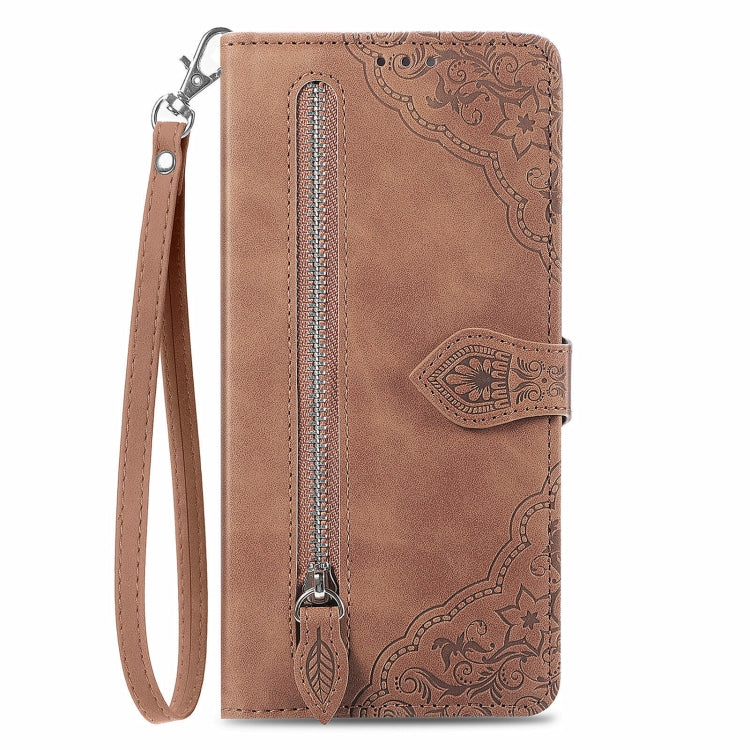 For Xiaomi Poco M6 Pro 4G Embossed Flower Zipper Leather Phone Case
