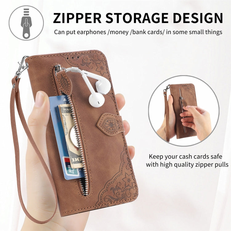 For Xiaomi Poco M6 Pro 4G Embossed Flower Zipper Leather Phone Case