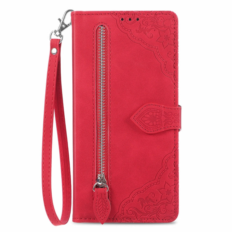 For Xiaomi Poco M6 Pro 4G Embossed Flower Zipper Leather Phone Case
