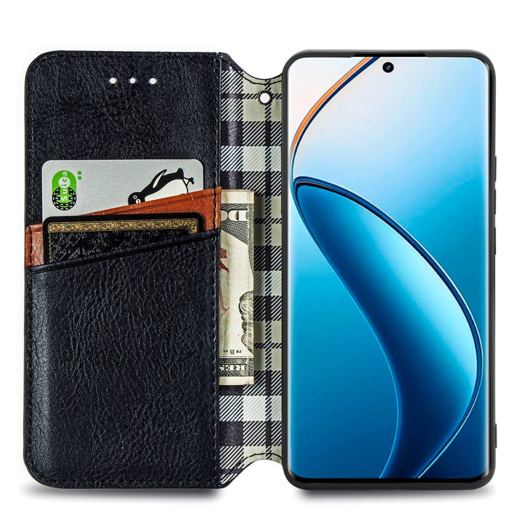 For  Realme 12+ Cubic Grid Pressed Magnetic Leather Phone Case