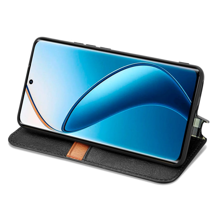 For  Realme 12+ Cubic Grid Pressed Magnetic Leather Phone Case