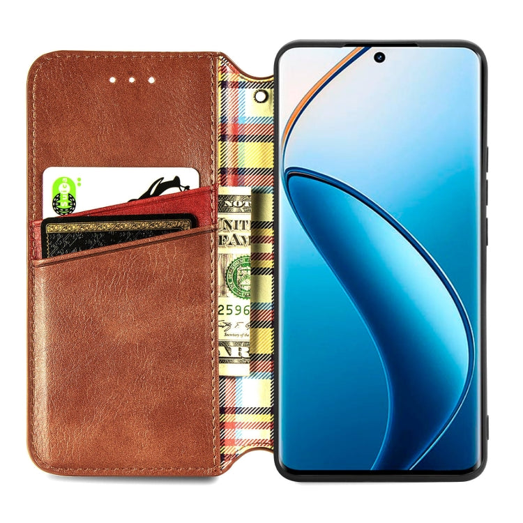 For  Realme 12+ Cubic Grid Pressed Magnetic Leather Phone Case