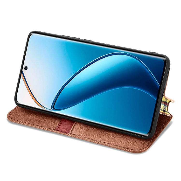 For  Realme 12+ Cubic Grid Pressed Magnetic Leather Phone Case