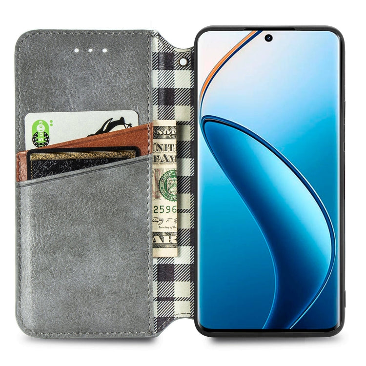 For  Realme 12+ Cubic Grid Pressed Magnetic Leather Phone Case