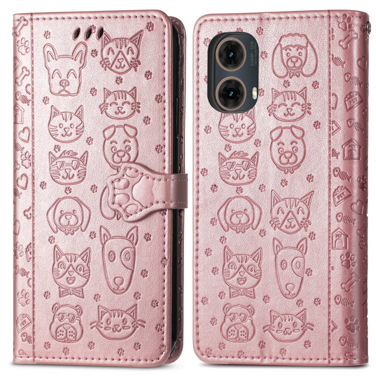 For Motorola Moto G85 Cat and Dog Embossed Leather Phone Case