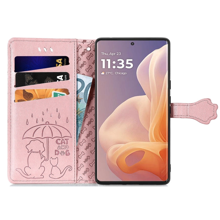 For Motorola Moto G85 Cat and Dog Embossed Leather Phone Case