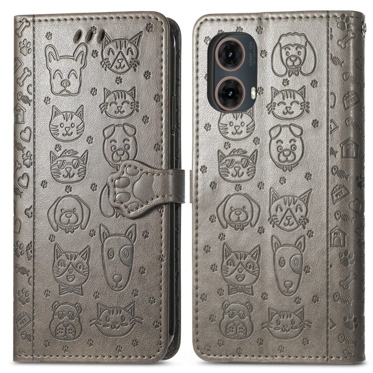 For Motorola Moto G85 Cat and Dog Embossed Leather Phone Case