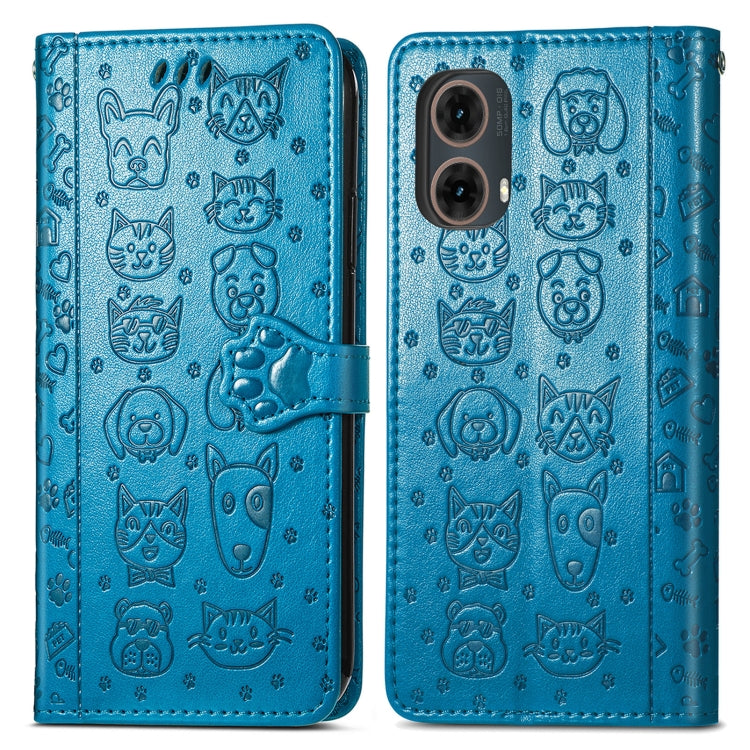 For Motorola Moto G85 Cat and Dog Embossed Leather Phone Case