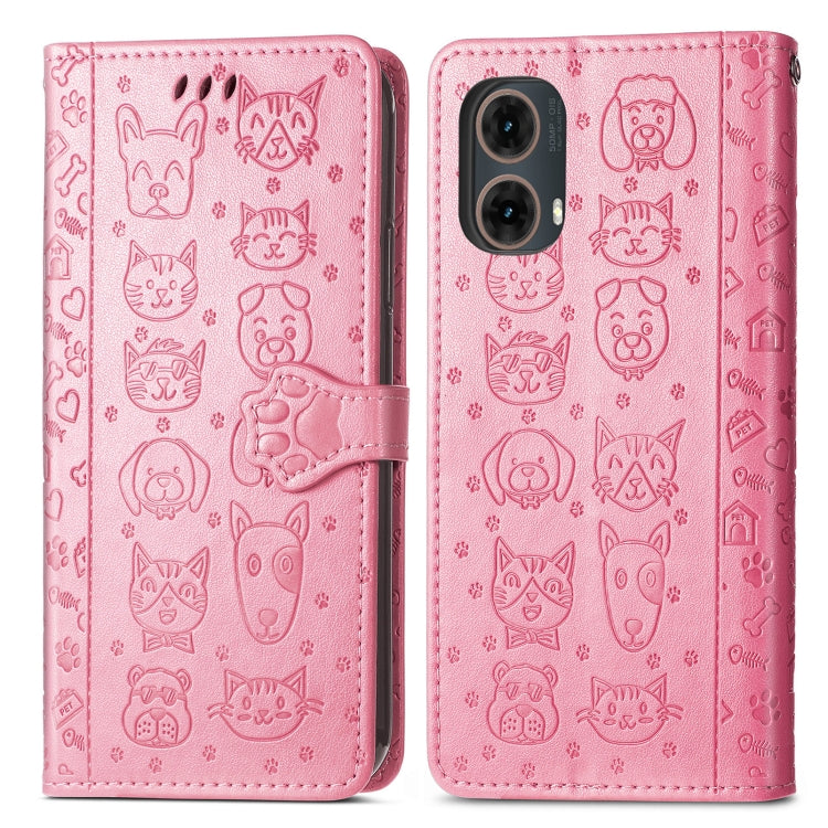 For Motorola Moto G85 Cat and Dog Embossed Leather Phone Case