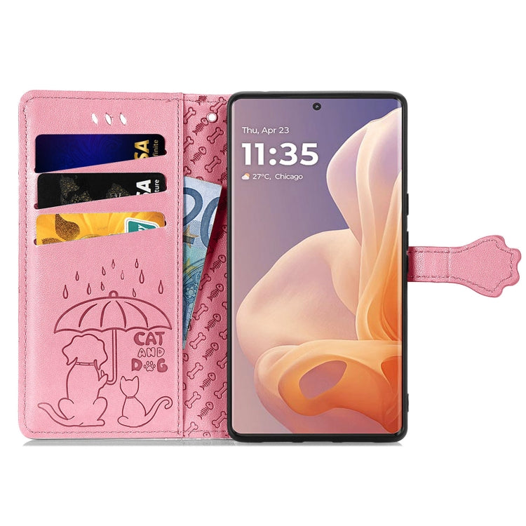 For Motorola Moto G85 Cat and Dog Embossed Leather Phone Case